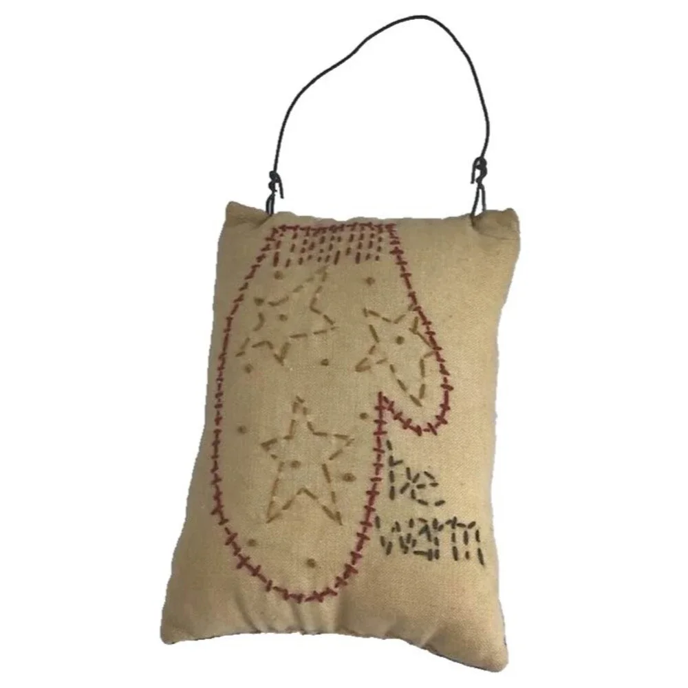 Primitive Mitten Christmas Holiday Ornament Hand Stitched Be Warm Muslin Stuffed